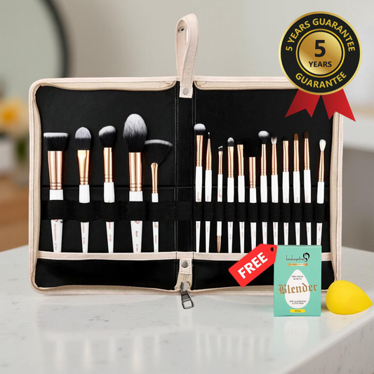 GLAMSTROKES BRUSH SET 17 PCS – ROSE GOLD + FREE MAKEUP BEAUTY BLENDER(YELLOW)