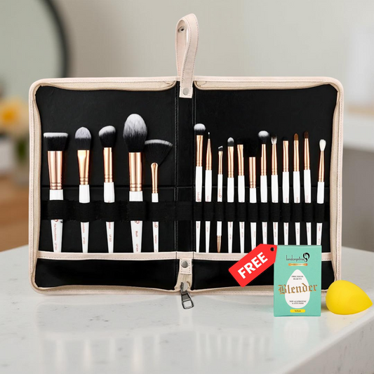 GLAMSTROKES BRUSH SET 17 PCS – ROSE GOLD + FREE MAKEUP BEAUTY BLENDER(YELLOW)