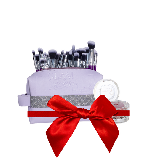 Glamstrokes 32 Pcs Budget friendly Brush Set (Lavender) with Rose Pink Makeup Glitter